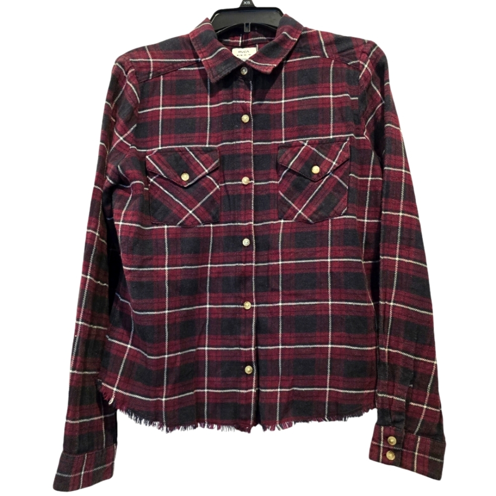 RVCA Flannel button-up shirt raw fray bottom hem size medium